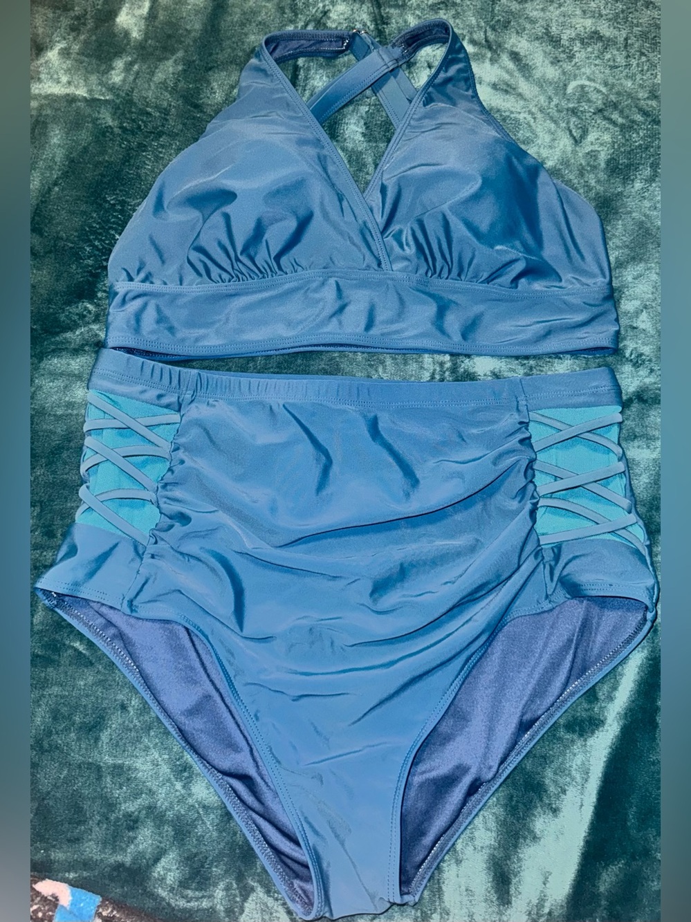 High-Waist Crisscross Bikini Set in Slate Blue